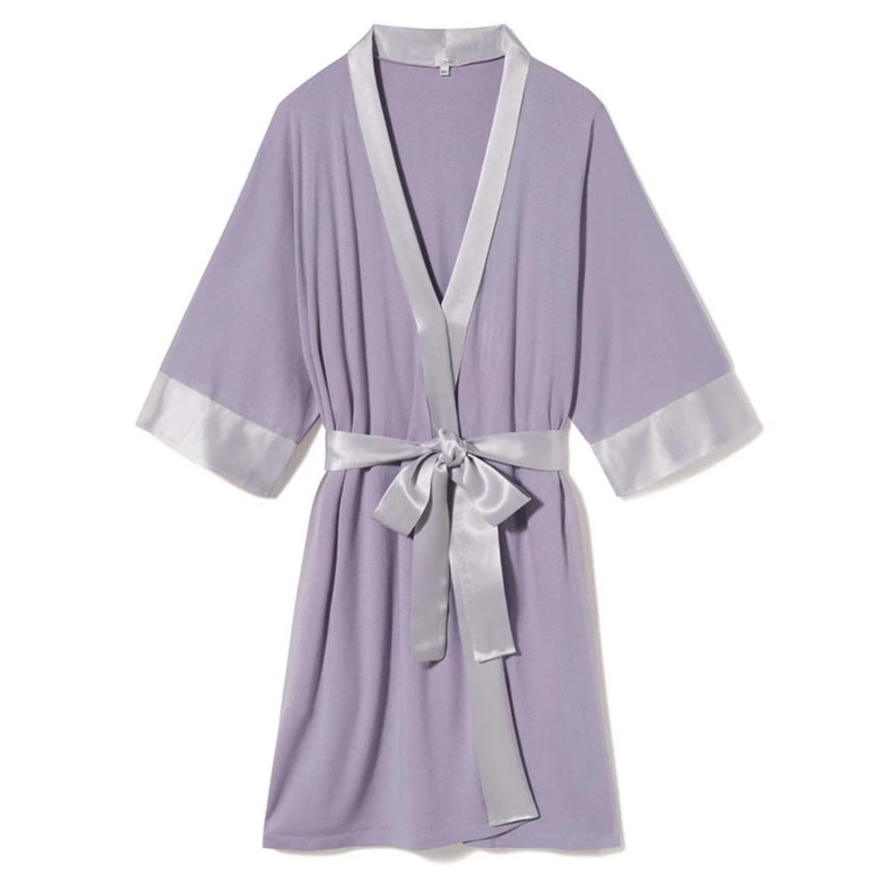 PJ Harlow Shala M/L Rib Knit Kimono Robe With Satin Belt & Trim in Lavender